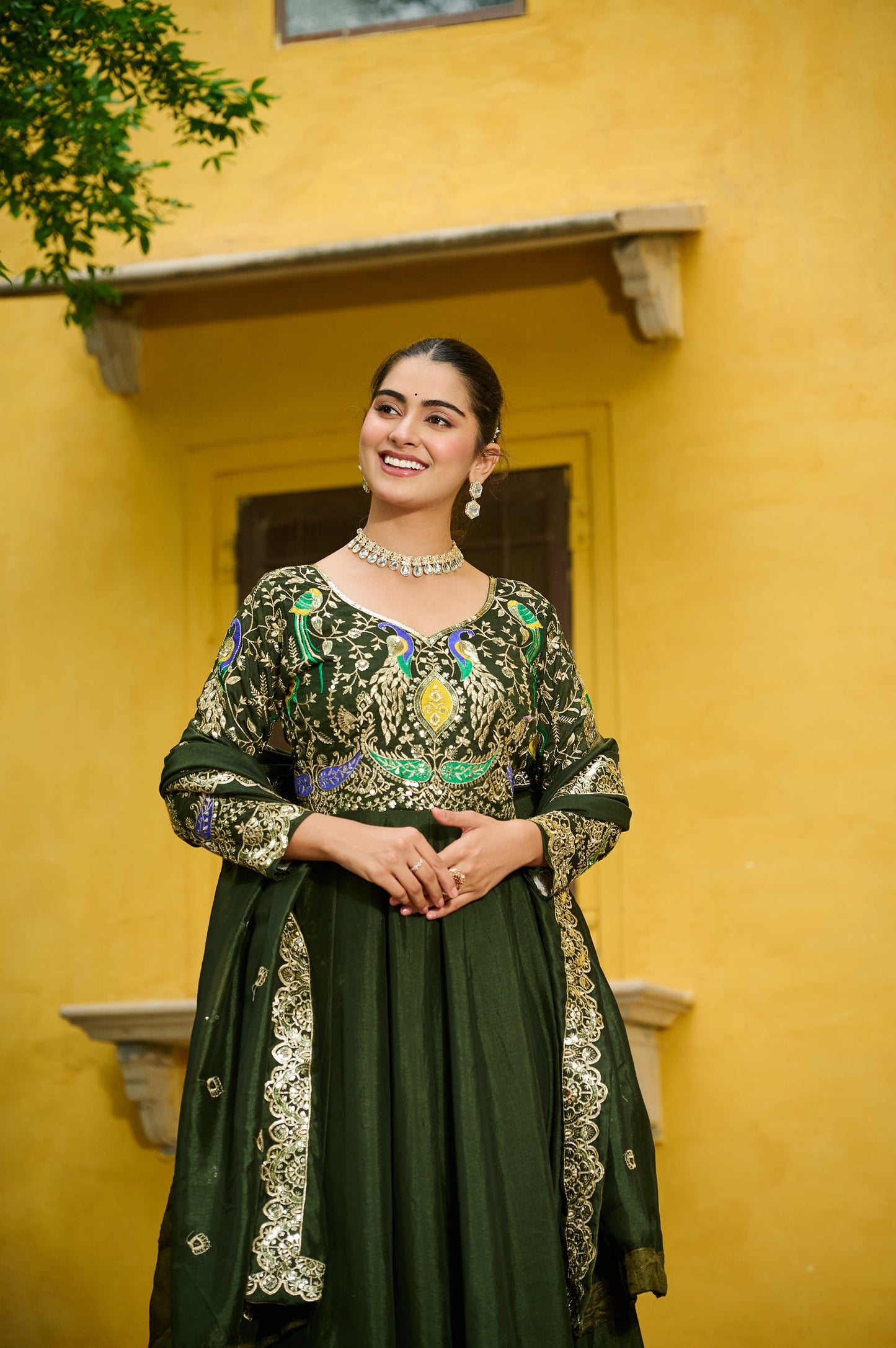 Lorenvalley Fashion Green Vichitra Silk with Multi Thread & Embroidered work Anarkali Gown with Dupatta - Swadesiicart
