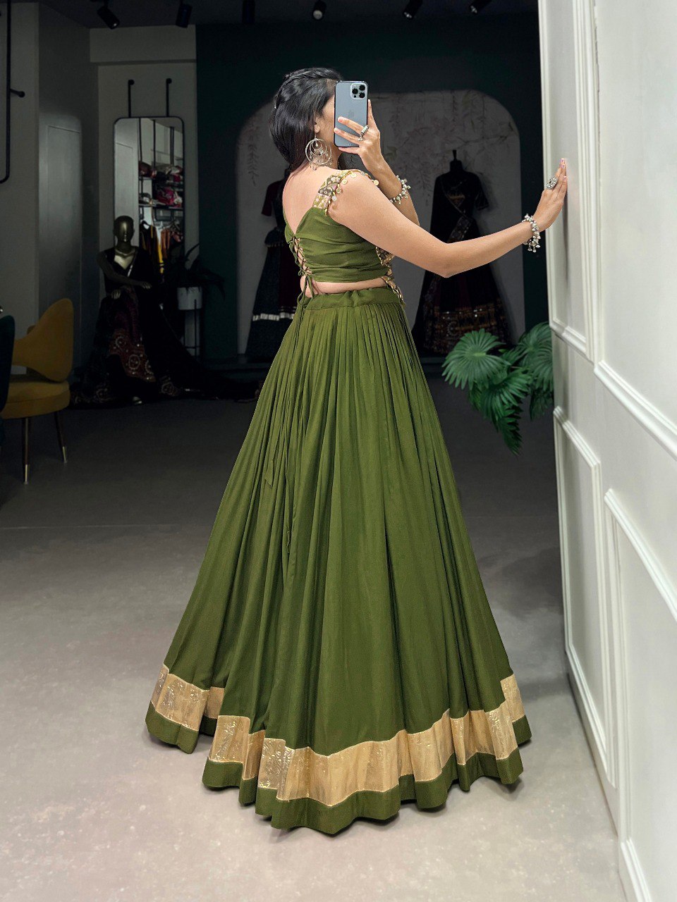 Lorenvalley Pure Rayon Green Plain With Embossed Design Lace Touch Up Lehenga Choli | Swadesiicart