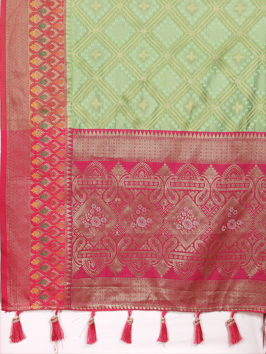Lorenvalley Fashion Green Organza Silk Woven Design with Rich Meenakari Weaving Pallu Saree - Swadesiicart