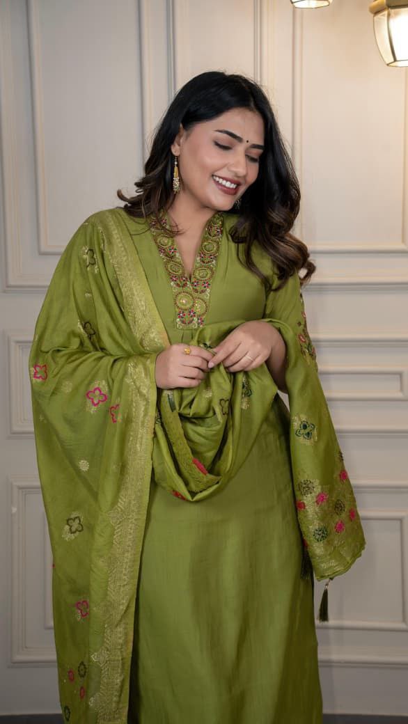 Lorenvalley Fashion Green Roman Silk Embroidery Sequence Work Kurta Pant with Dupatta - Swadesiicart