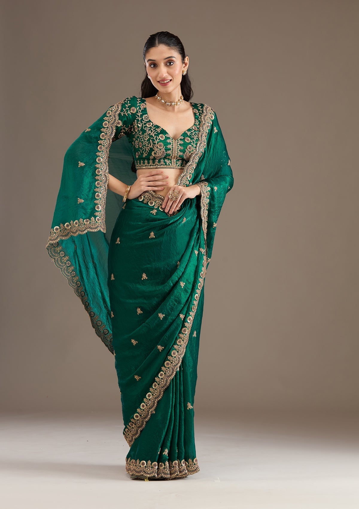 Lorenvalley Fashion Green Fendy Satin with Embroidery Double Sequence Work Saree with Blouse - Swadesiicart