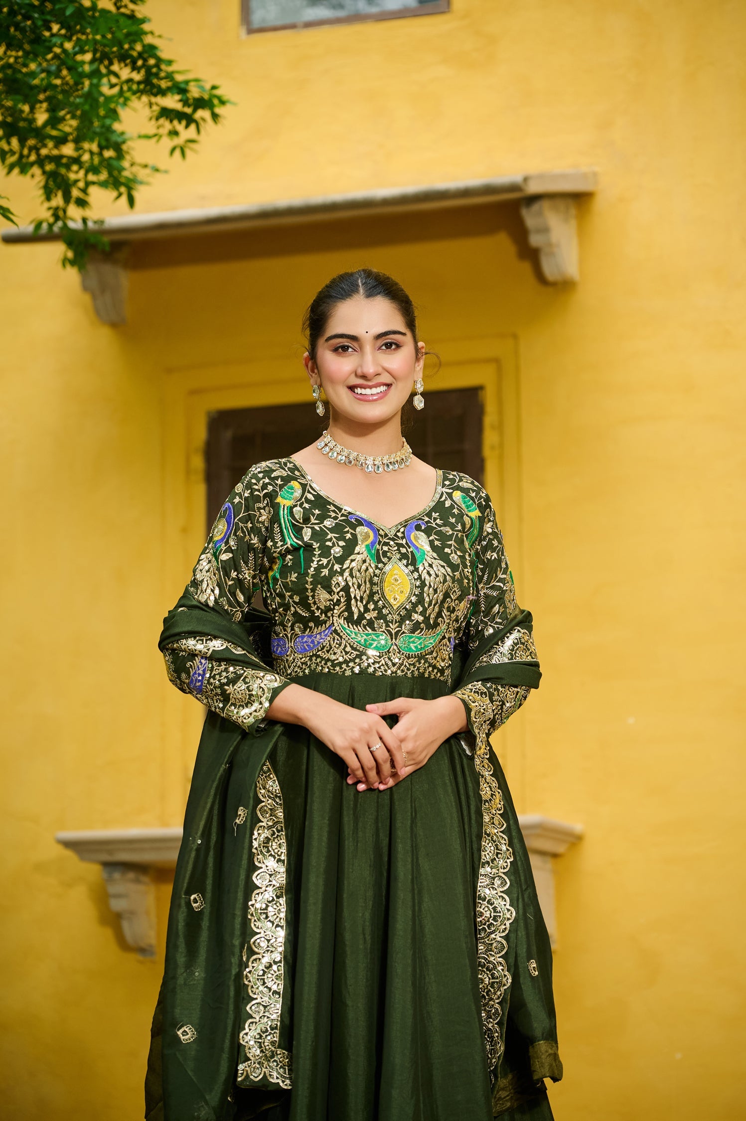 Lorenvalley Fashion Green Vichitra Silk with Multi Thread & Embroidered work Anarkali Gown with Dupatta - Swadesiicart