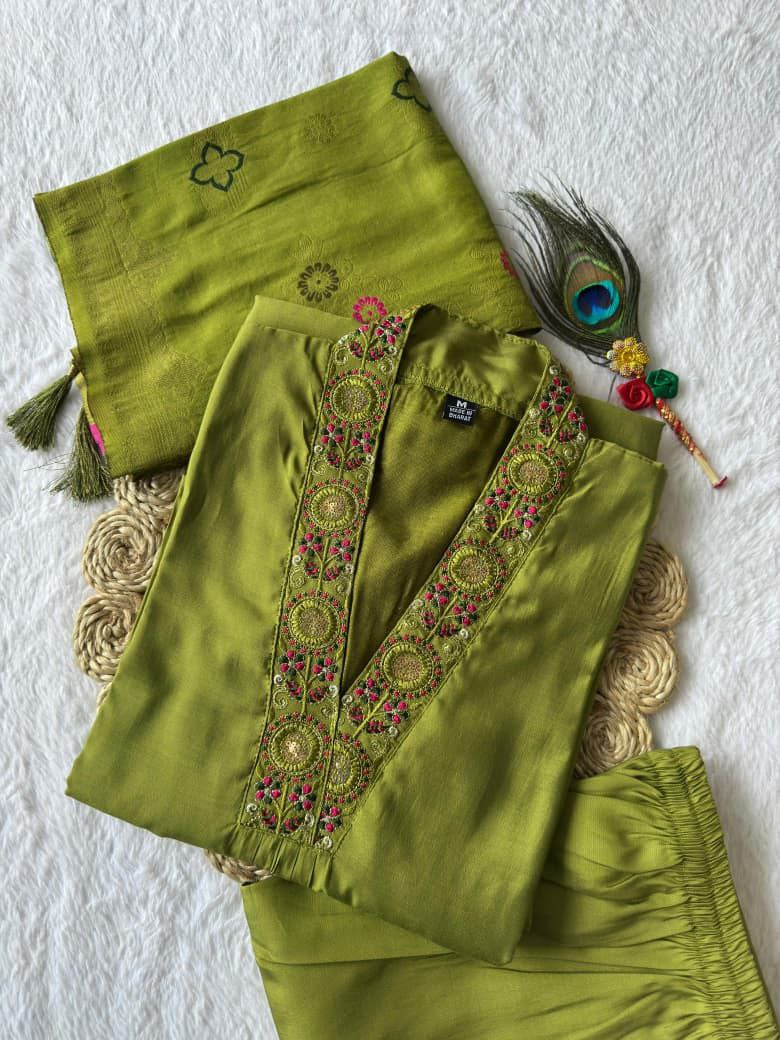 Lorenvalley Fashion Green Roman Silk Embroidery Sequence Work Kurta Pant with Dupatta - Swadesiicart