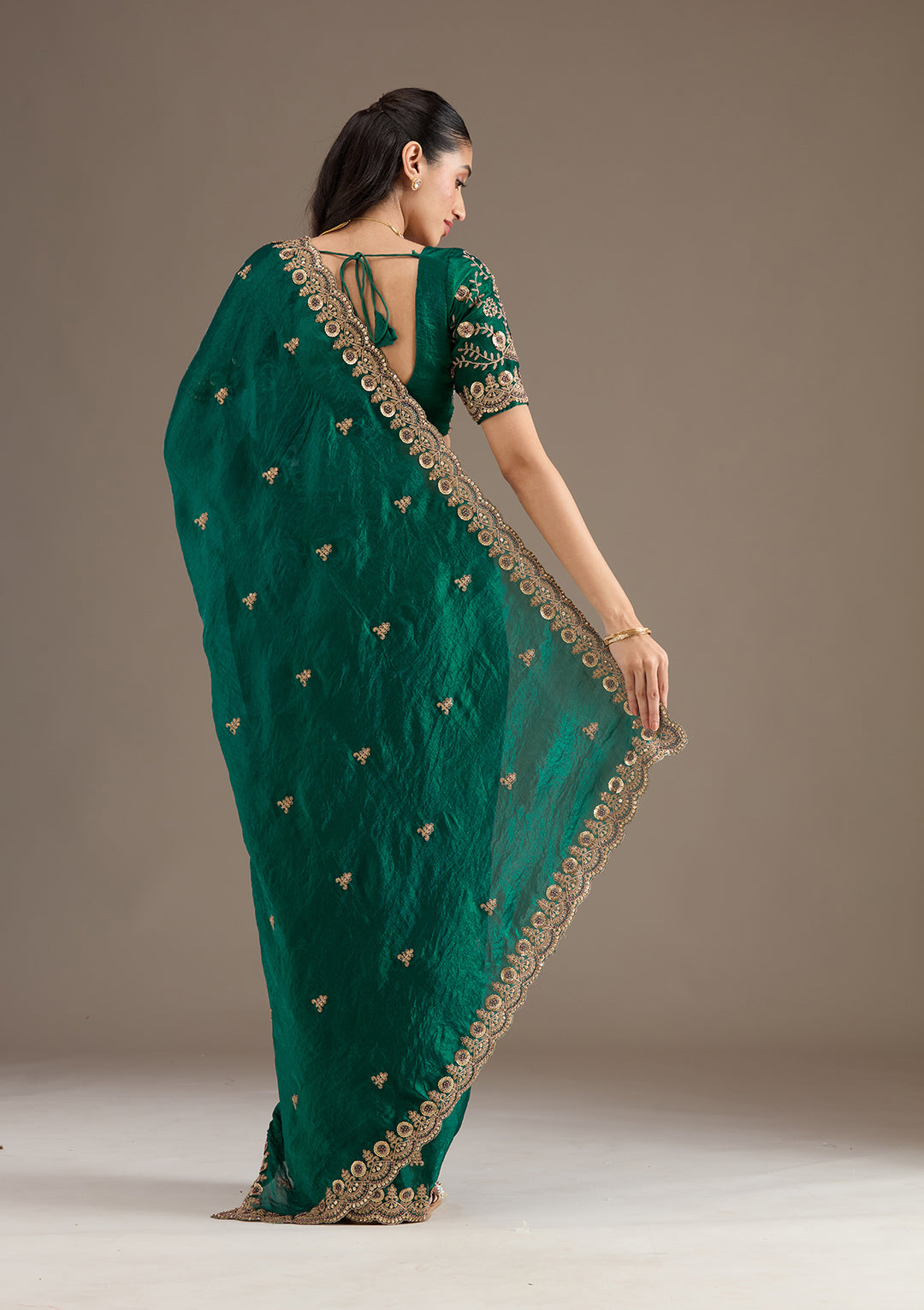 Lorenvalley Fashion Green Fendy Satin with Embroidery Double Sequence Work Saree with Blouse - Swadesiicart