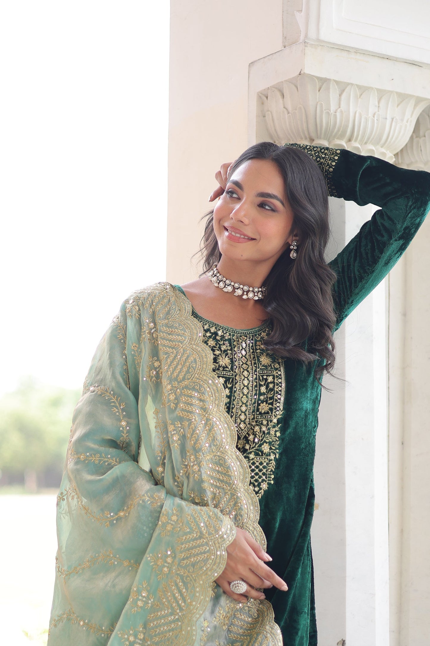 Lorenvalley Fashion Green Velvet with Rich Sequins & Zari Embroidered work Kurta Pant with Dupatta - Swadesiicart