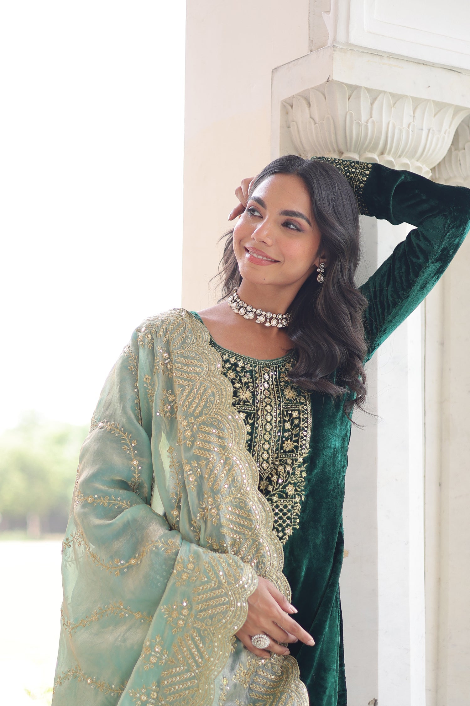Lorenvalley Fashion Green Velvet with Rich Sequins & Zari Embroidered work Kurta Pant with Dupatta - Swadesiicart