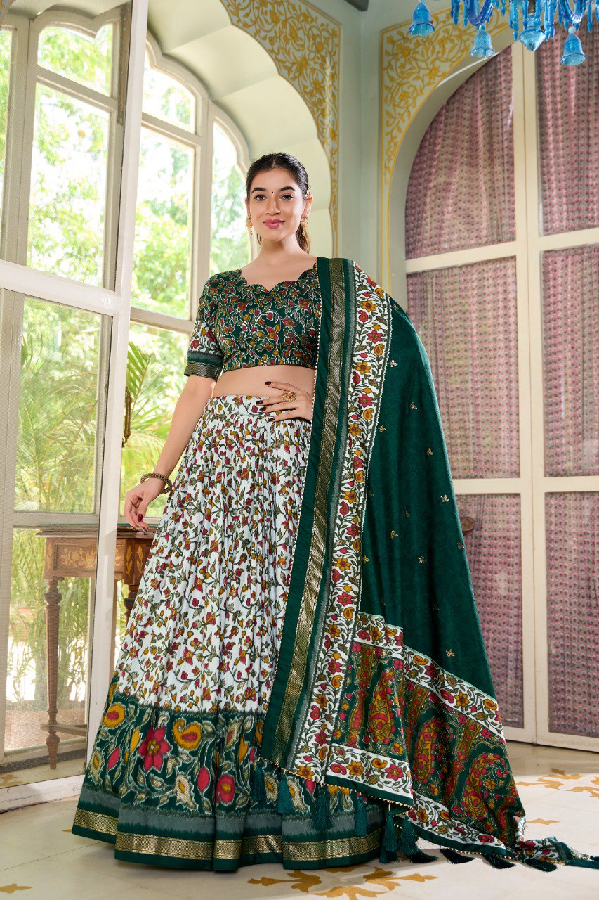 Lorenvalley Green Tussar Silk Floral Print with Foil Print Lehenga Choli with Dupatta | Swadesiicart