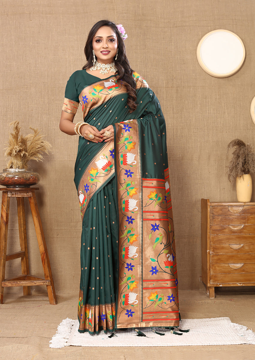 Lorenvalley Fashion Green Soft Paithani Silk Woven Design Rich Zari Meenakari Weaving Saree - Swadesiicart