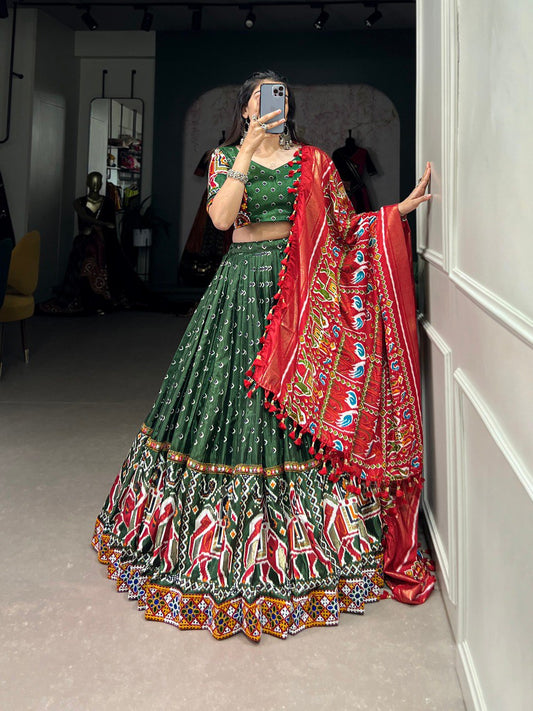 Lorenvalley Dola Silk Green Patola Print With Gamthi Work Lace Border Lehenga Choli with Dupatta | Swadesiicart