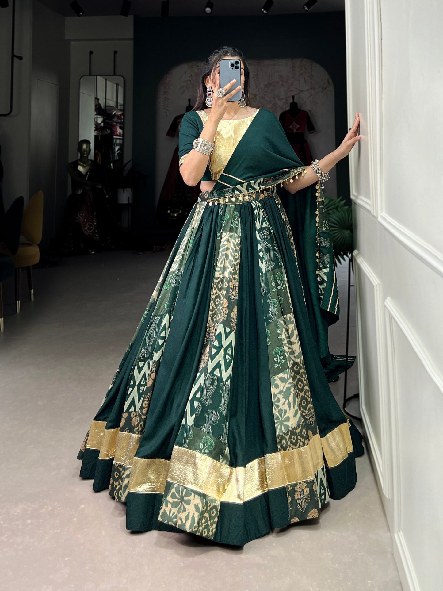 Lorenvalley Green Rayon and Tussar Silk Plain And Printed With Embossed Design Gota Lace Lehenga Choli with Dupatta | Swadesiicart
