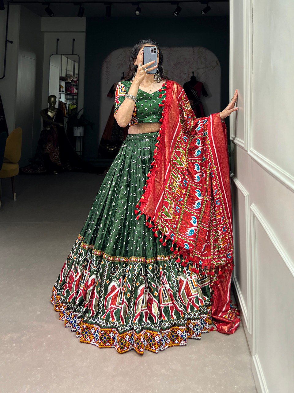 Lorenvalley Green Dola Silk Patola Print With Gamthi Work Lace Border Lehenga Choli with Dupatta | Swadesiicart