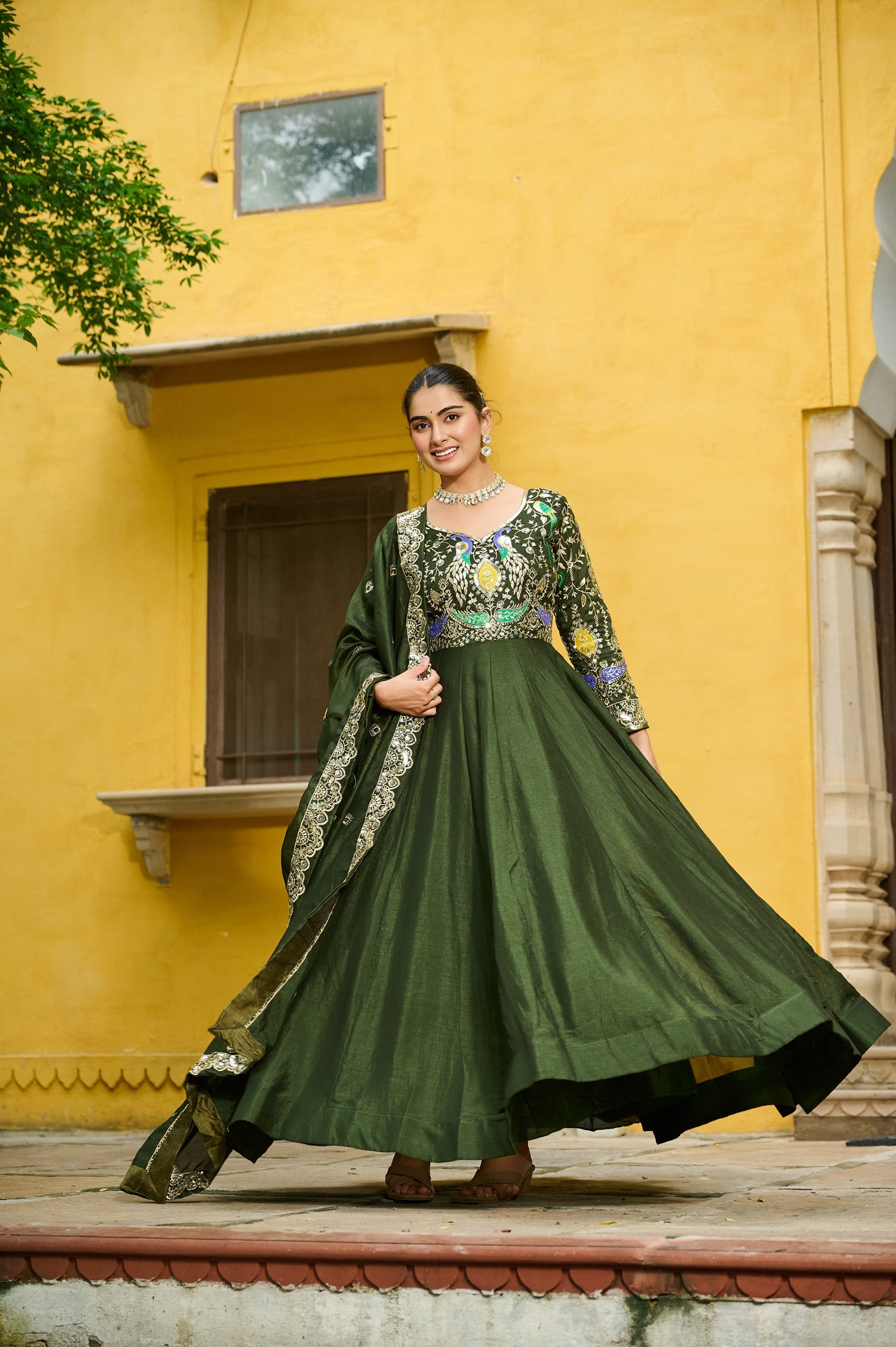 Lorenvalley Fashion Green Vichitra Silk with Multi Thread & Embroidered work Anarkali Gown with Dupatta - Swadesiicart