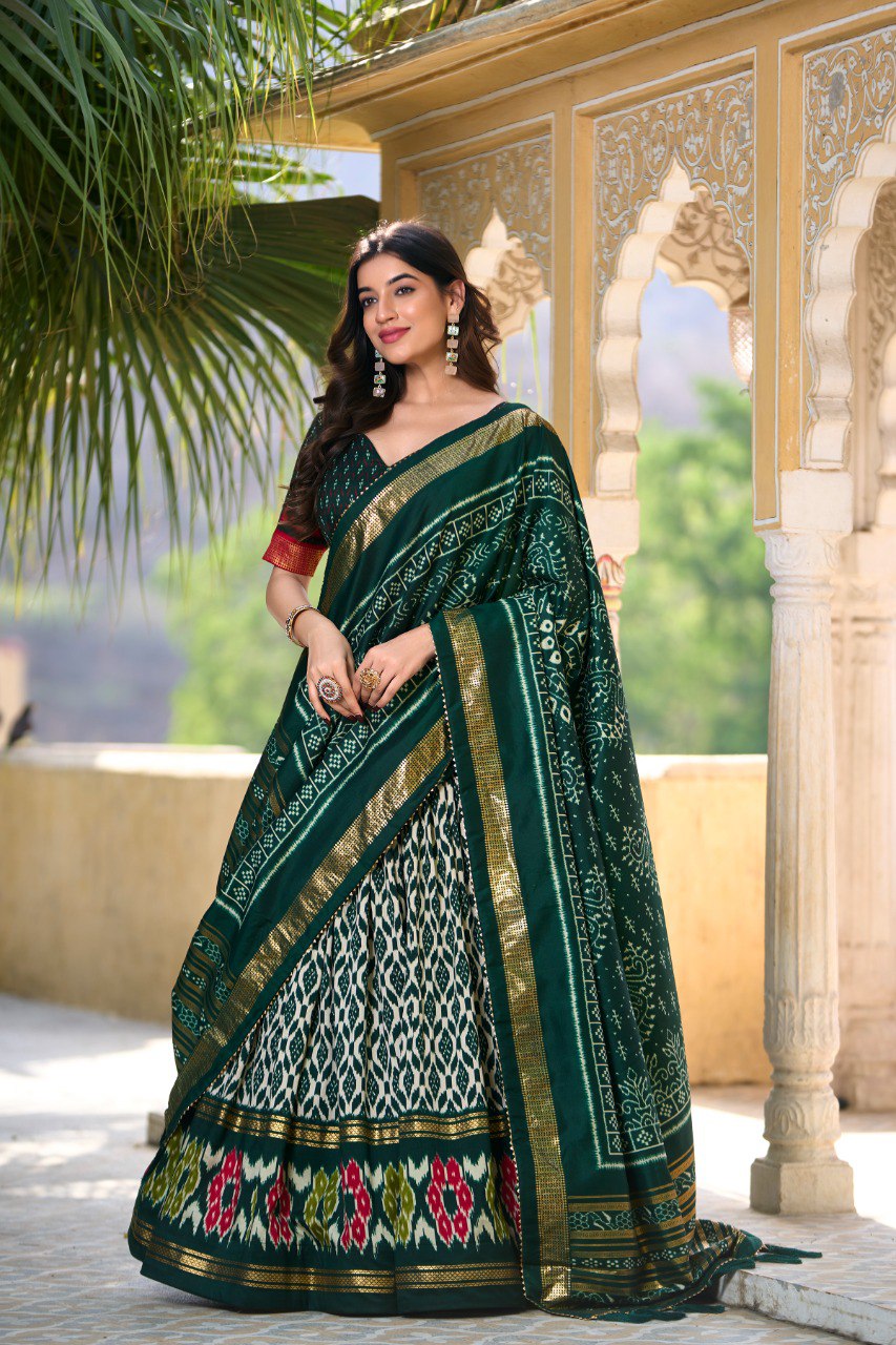 Lorenvalley Green Tussar Silk Ikkat Print With Foil Work Lehenga Choli with Dupatta | Swadesiicart