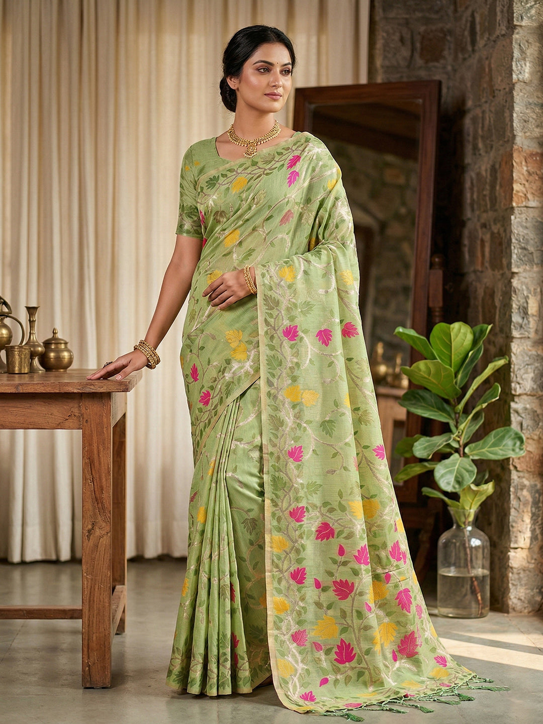 Anaita Green Linen Woven Work Saree With Blouse