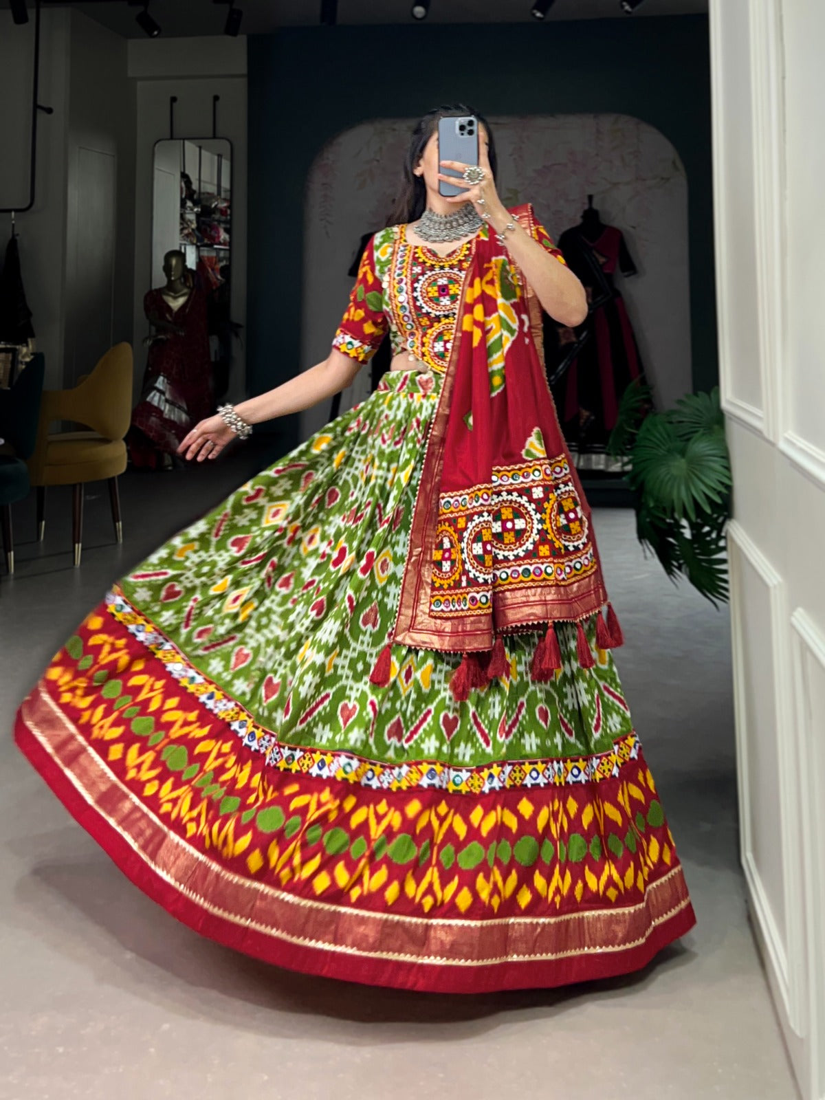 Lorenvalley Green Tussar Silk Patola Print With Foil Work And Original Mirror Gamthi Lace Lehenga Choli with Dupatta | Swadesiicart