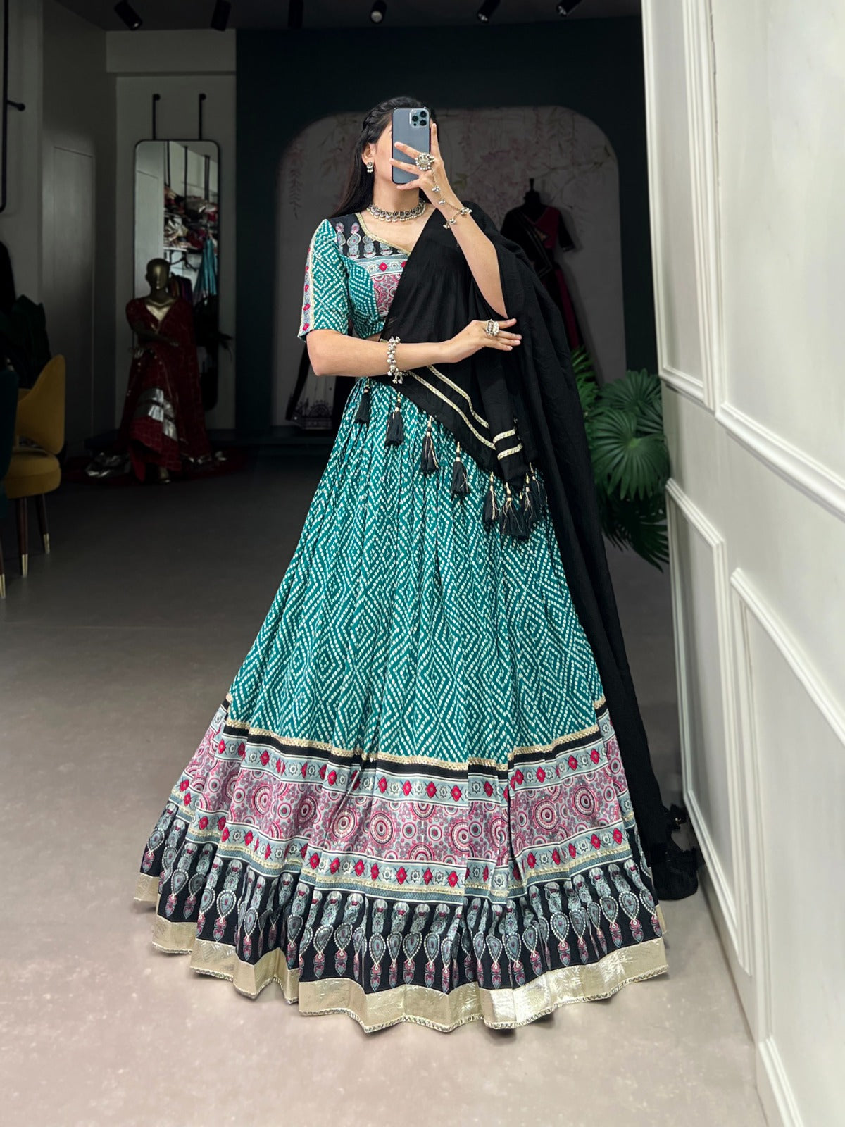 Lorenvalley Green Rayon with Bandhej And Ajarakh Print With Embossed Design Gota Lace Touch up Lehenga Choli | Swadesiicart
