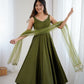 Lorenvalley Fashion Green Pure Romansilk Chanderi Fabric Yoke Fancy Lace Work Anarkali Kurta Pant With Dupatta Set - Swadesiicart