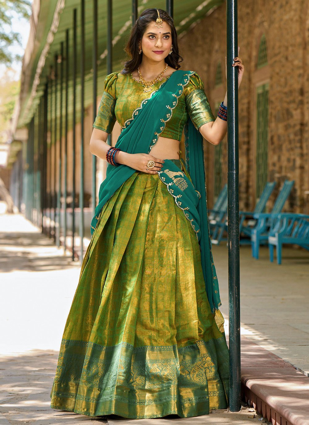 Lorenvalley Green Kanjivaram Silk Zari Weaving Lehenga Choli with Dupatta | Swadesiicart