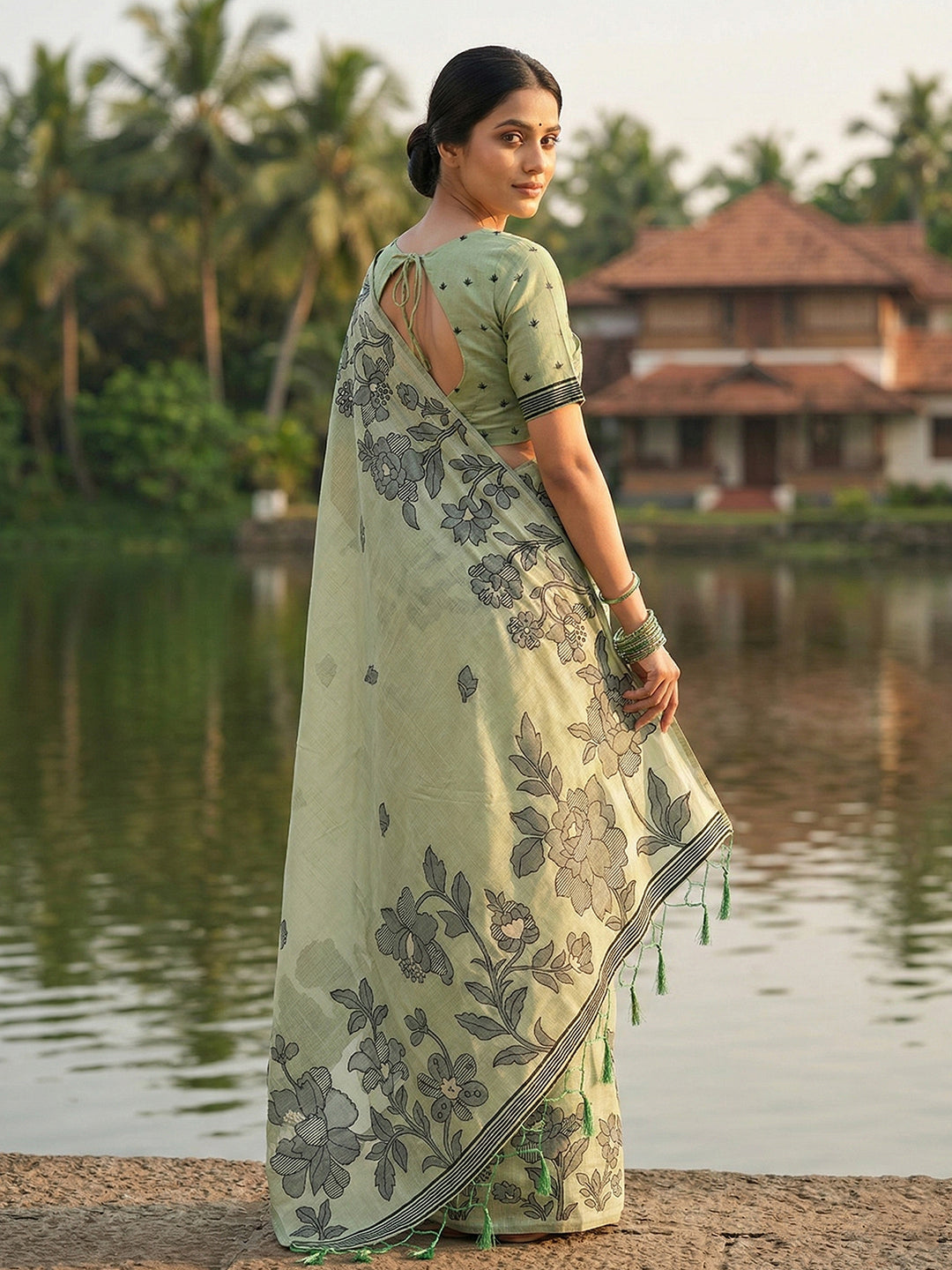 Anaita Green Linen Printed Saree With Blouse