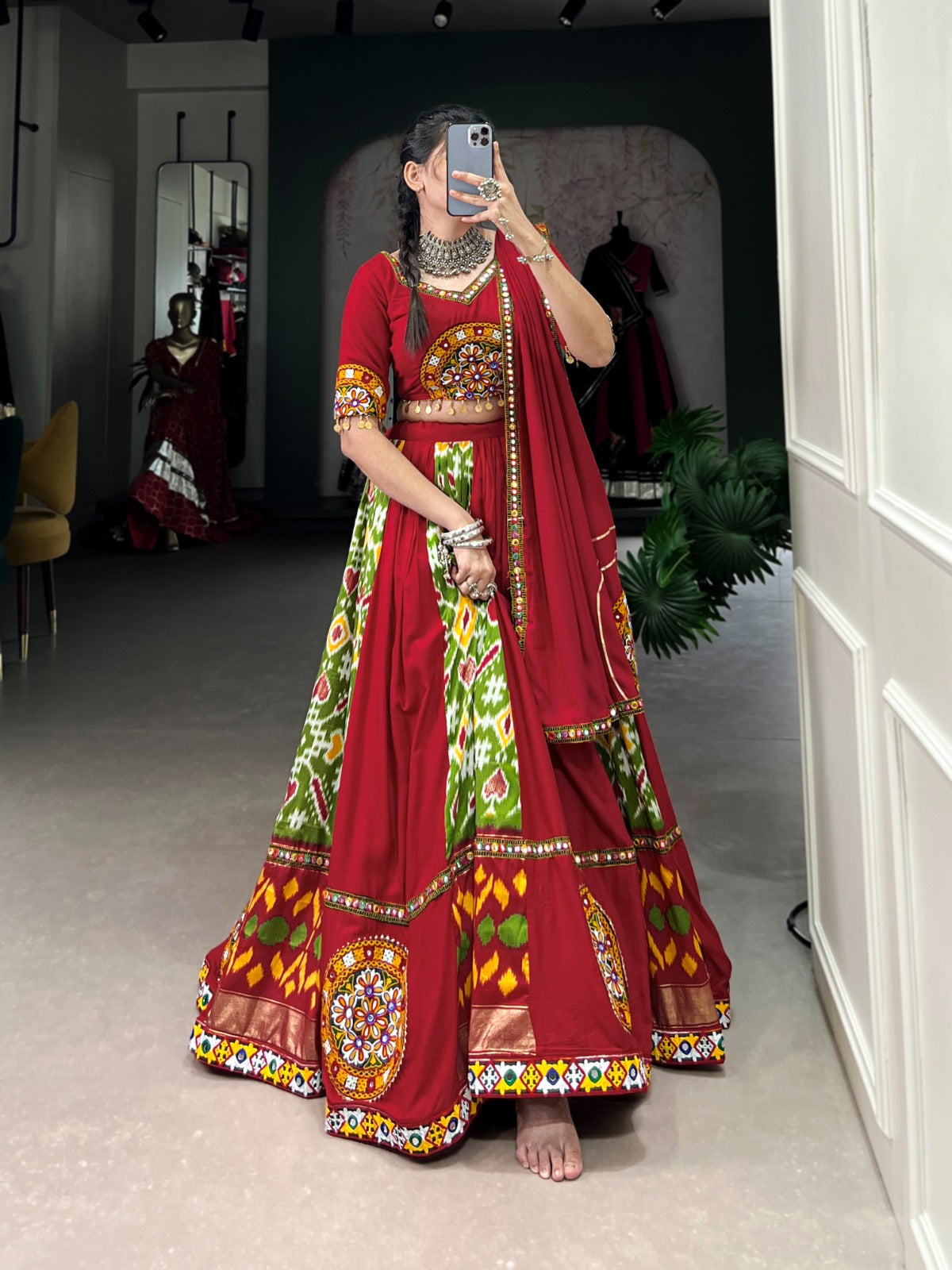 Lorenvalley Green Rayon and Printed Silk with Plain And Printed With Original Mirror Gamthi Work And Gamthi Patch Work Lehenga Choli | Swadesiicart