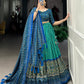 Lorenvalley Green Tussar Silk Bandhej And Ajarakh Print Lehenga Choli with Dupatta | Swadesiicart