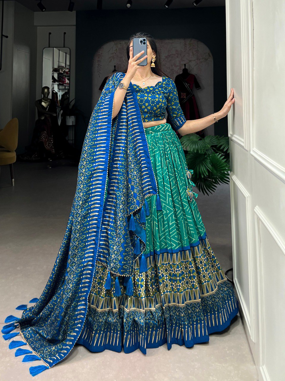 Lorenvalley Green Tussar Silk Bandhej And Ajarakh Print Lehenga Choli with Dupatta | Swadesiicart