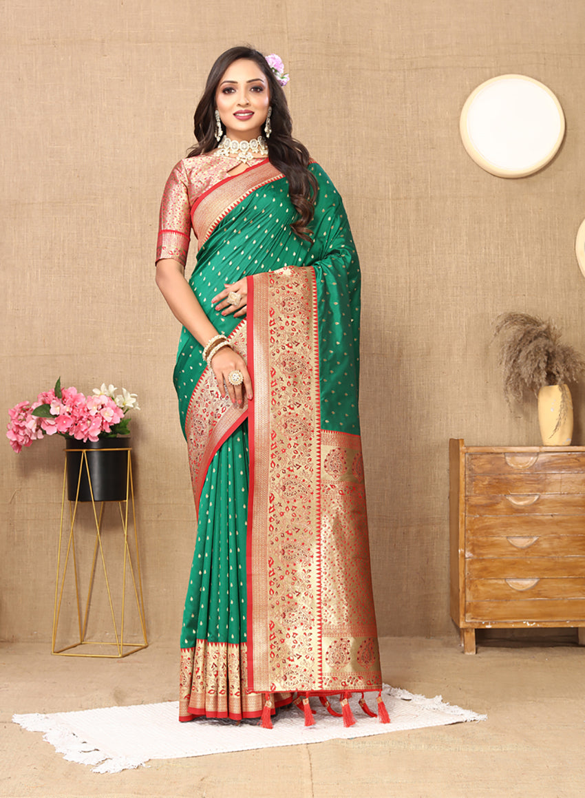 Lorenvalley Fashion Green Soft Silk weaving Design Rich Zari Weaving Saree - Swadesiicart