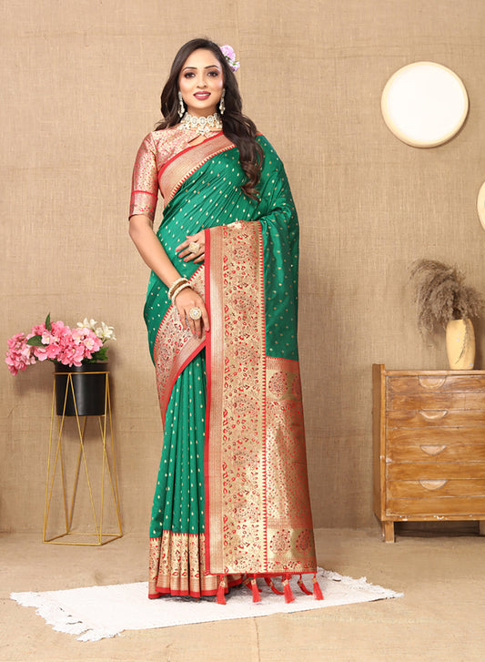 Lorenvalley Fashion Green Soft Silk weaving Design Rich Zari Weaving Saree - Swadesiicart