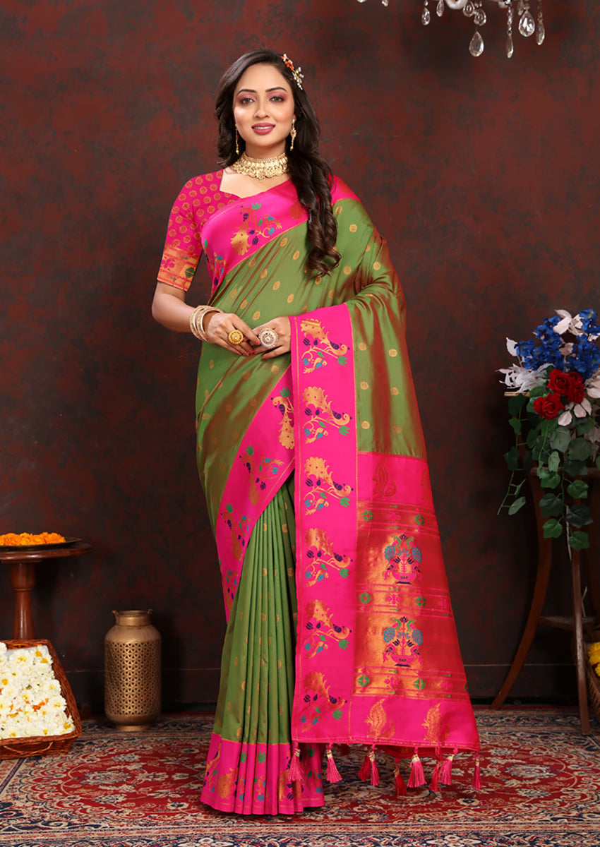 Lorenvalley Fashion Green Soft Paithani Silk Woven Design Rich Zari Meenakari Weaving Saree - Swadesiicart