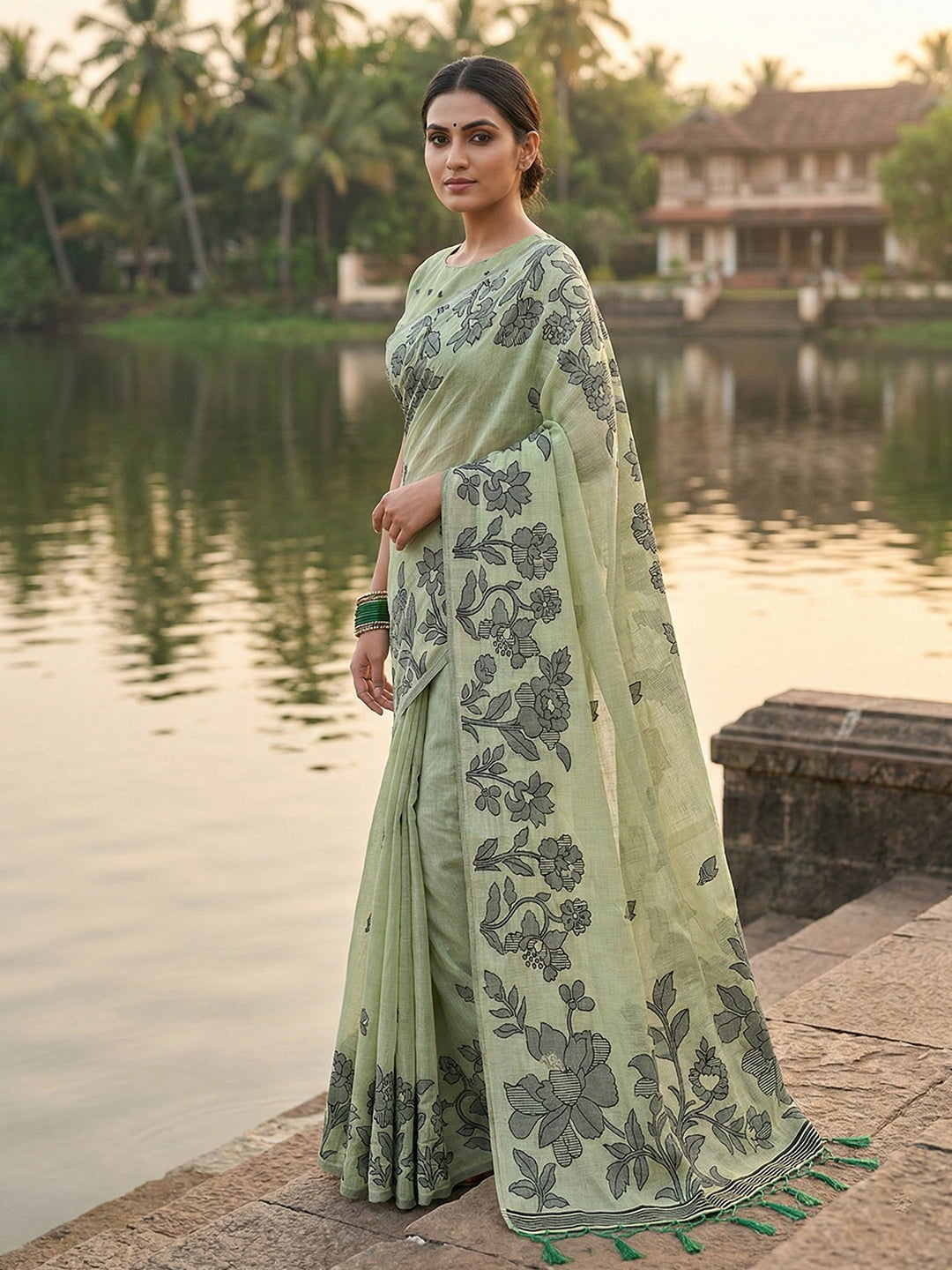 Anaita Green Linen Printed Saree With Blouse