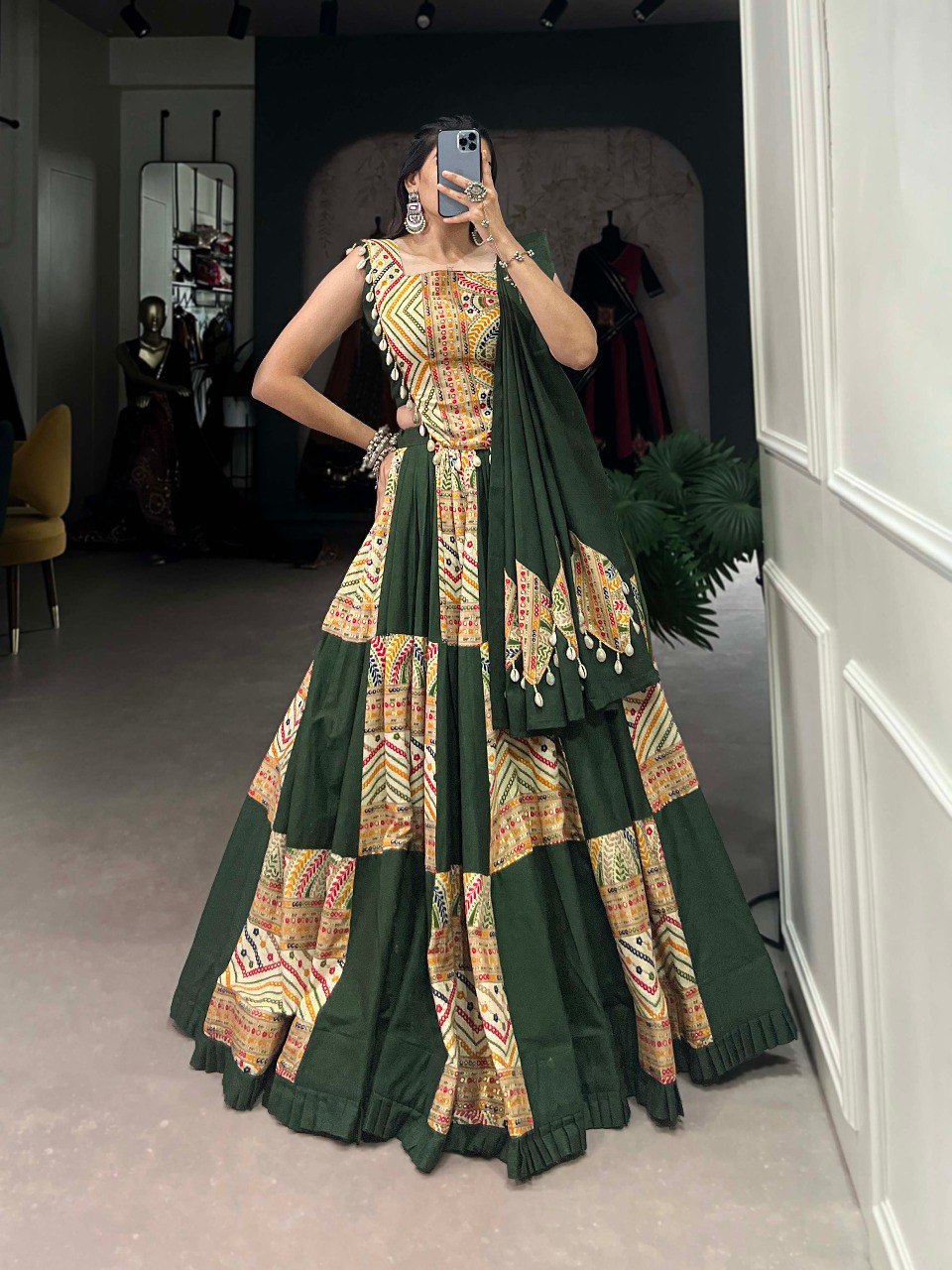 Lorenvalley Pure Cotton Green Plain And Printed With Foil Work Lehenga Choli with Dupatta | Swadesiicart