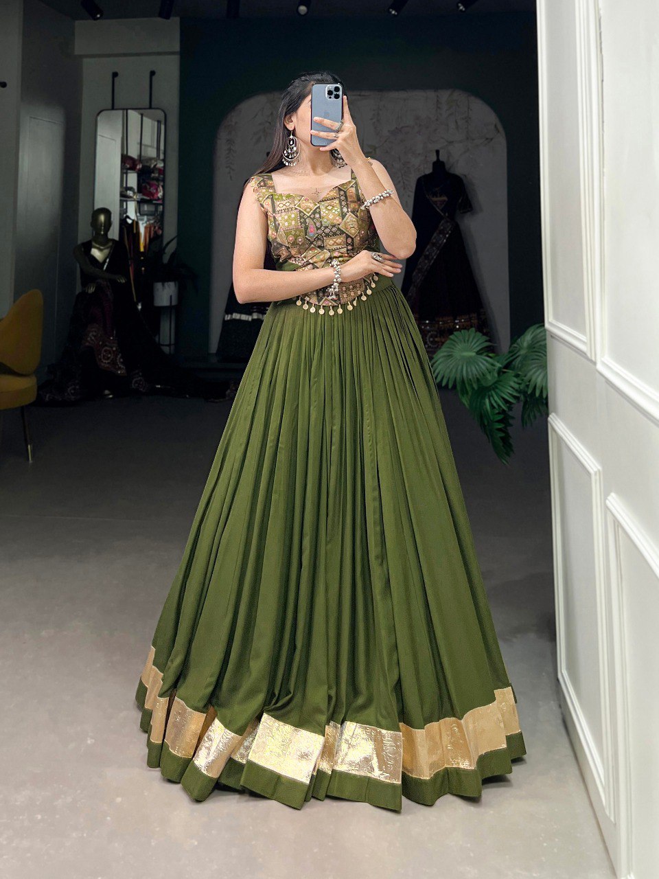 Lorenvalley Green Pure Rayon Plain With Embossed Design Lace Touch Up Lehenga Choli | Swadesiicart
