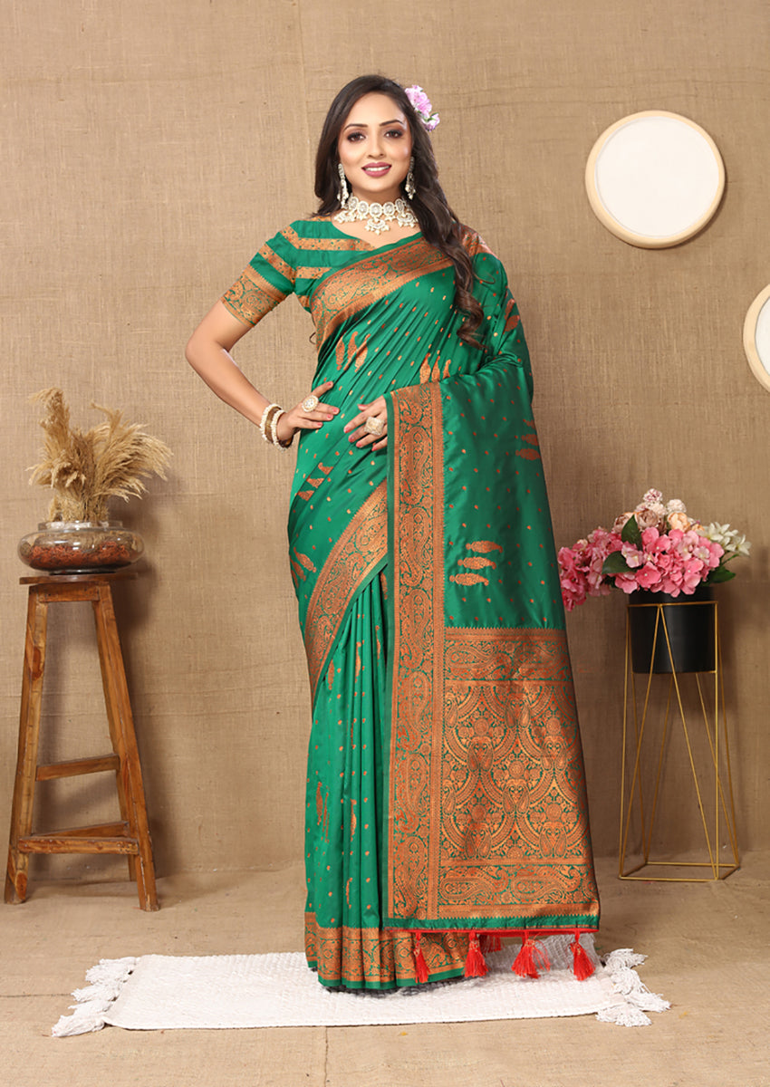 Lorenvalley Fashion Green Soft Silk Copper Zari weaving Design Saree - Swadesiicart
