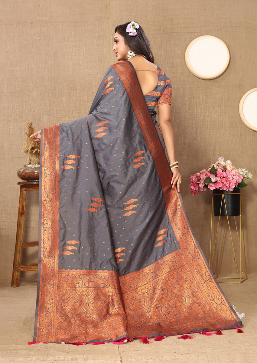 Lorenvalley Fashion Grey Soft Silk Copper Zari weaving Design Saree - Swadesiicart