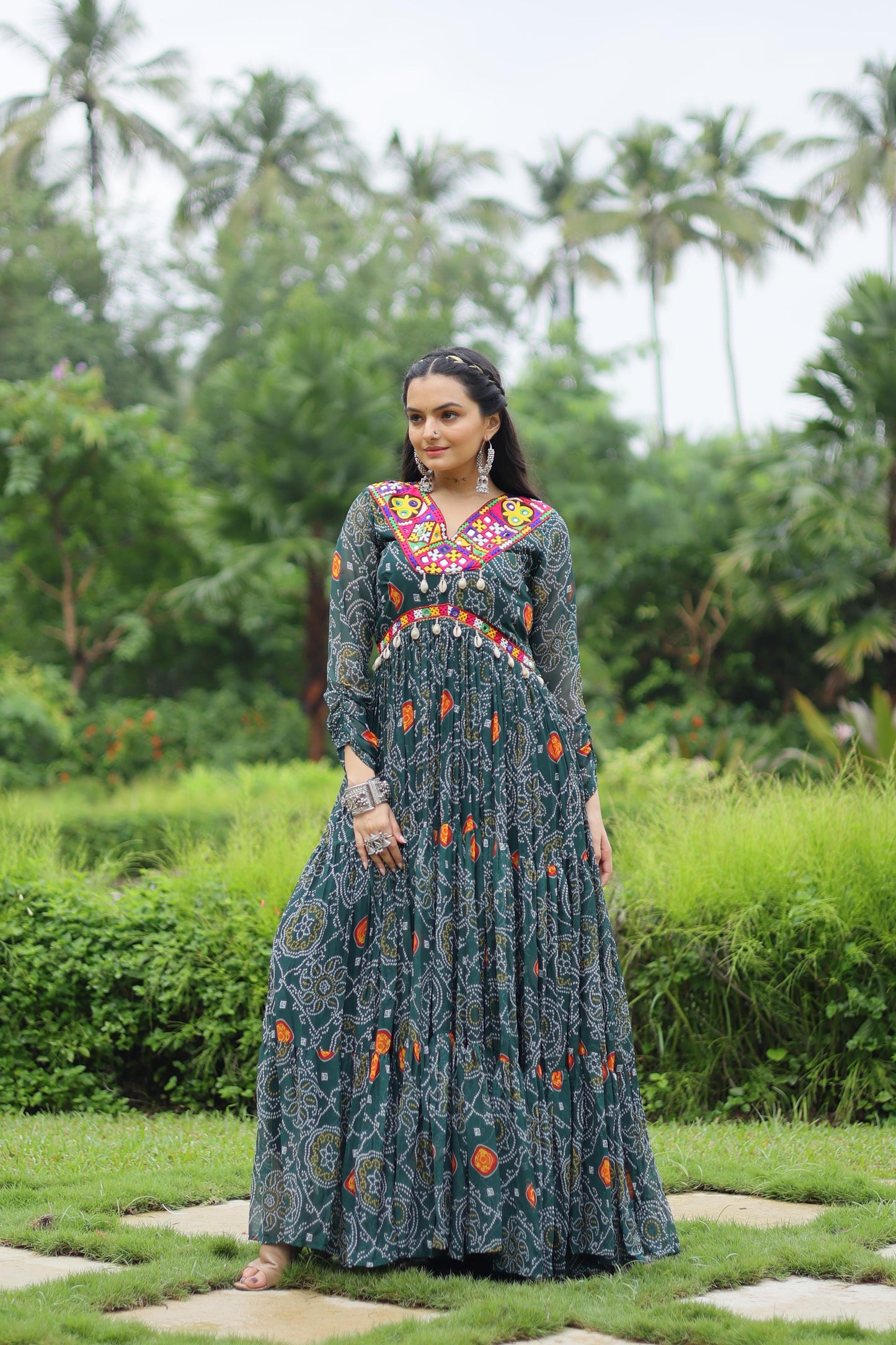 Lorenvalley Grey Faux Georgette Bandhani Print Work With Kutchi Patch Work Gown | Swadesiicart