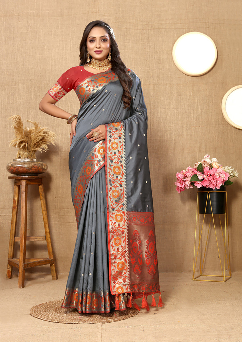 Lorenvalley Fashion Grey Soft Paithani Silk Woven Design Rich Meenakari Zari Weaving Pallu Saree - Swadesiicart