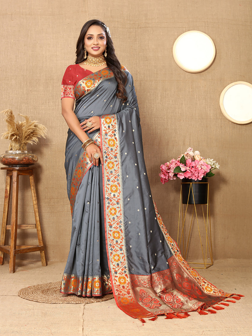 Lorenvalley Fashion Grey Soft Paithani Silk Woven Design Rich Meenakari Zari Weaving Pallu Saree - Swadesiicart