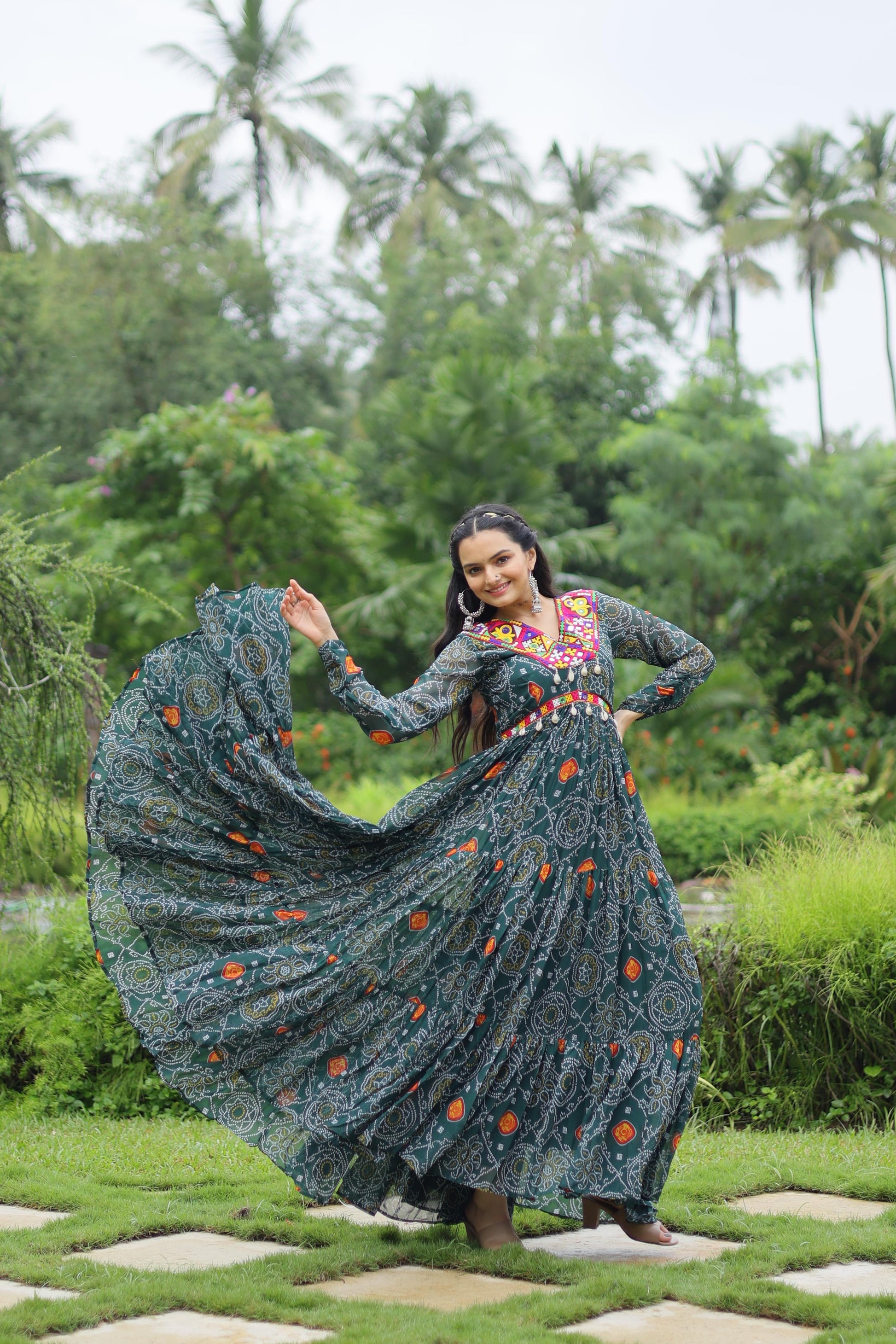 Lorenvalley Grey Faux Georgette Bandhani Print Work With Kutchi Patch Work Gown | Swadesiicart