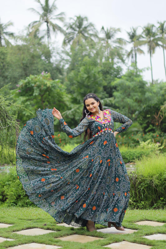 Lorenvalley Grey Faux Georgette Bandhani Print Work With Kutchi Patch Work Gown | Swadesiicart