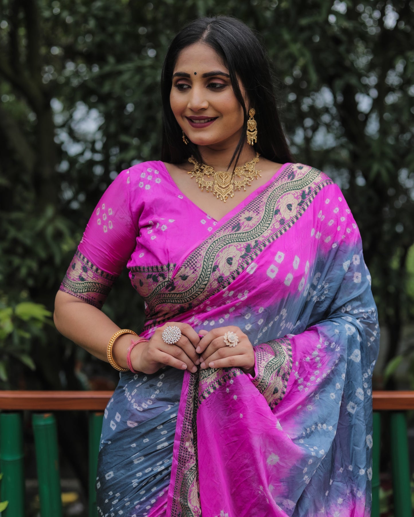 Lorenvalley Premium Pure Bandhej Tapeta Soft light weight silk saree with zari weaving Border - Multicolor - Swadesiicart