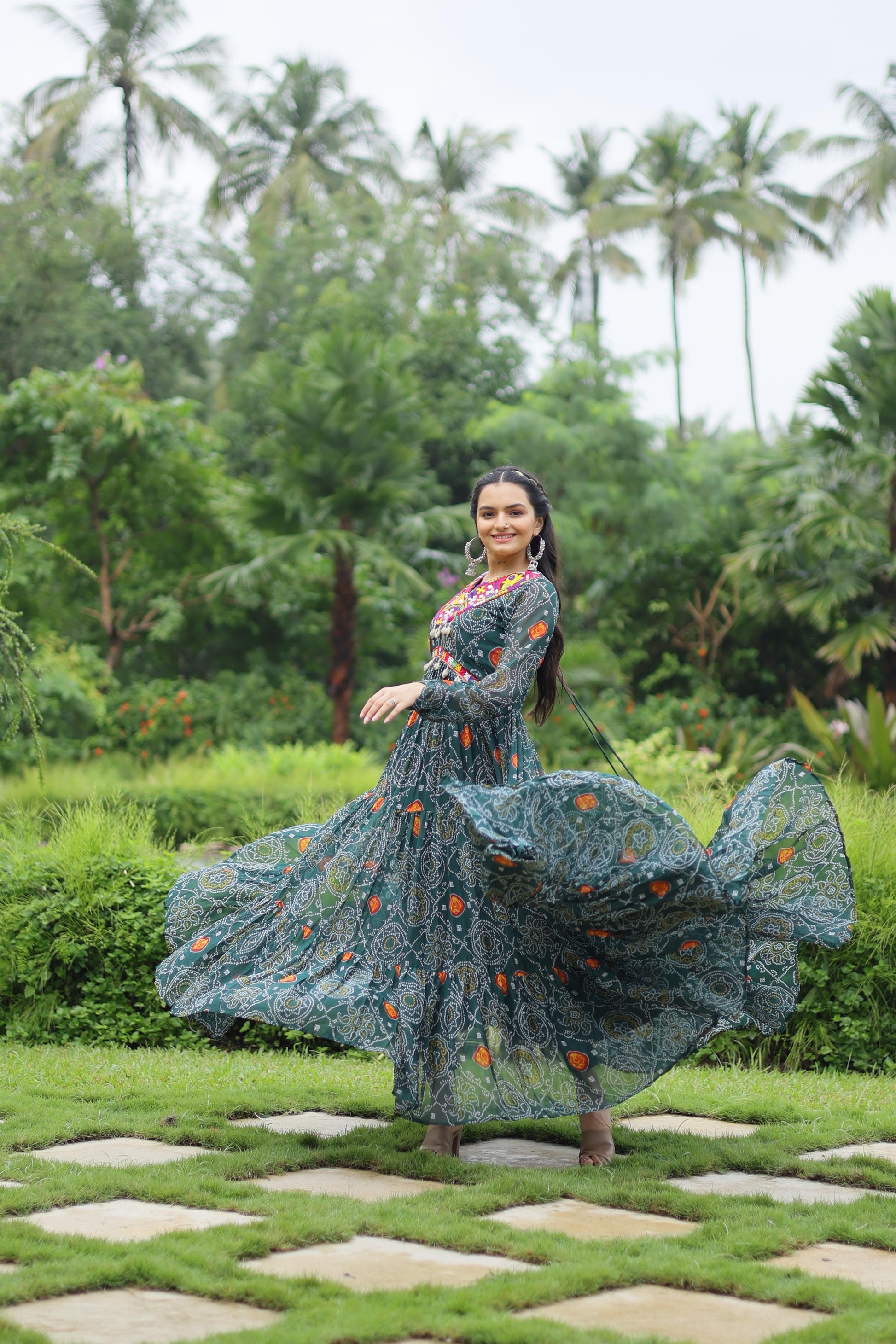Lorenvalley Grey Faux Georgette Bandhani Print Work With Kutchi Patch Work Gown | Swadesiicart