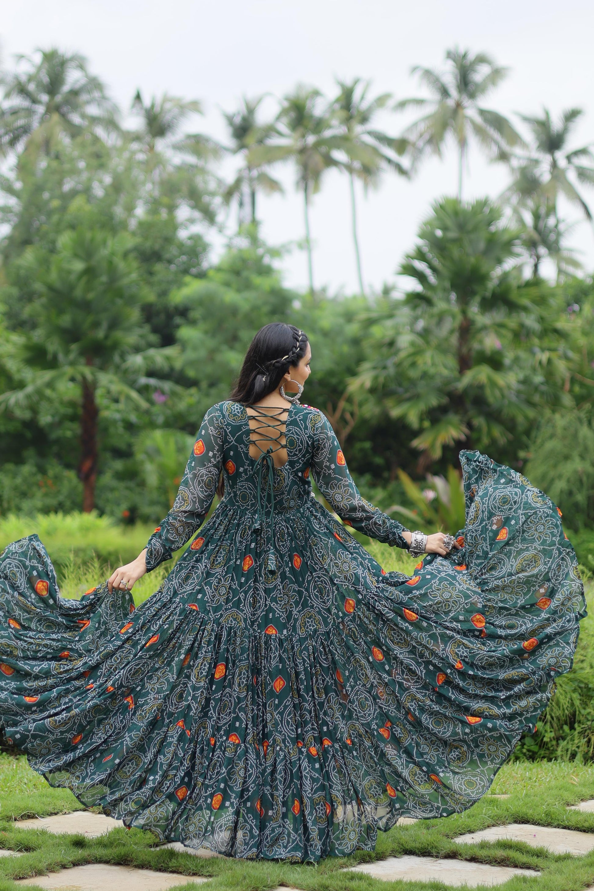 Lorenvalley Grey Faux Georgette Bandhani Print Work With Kutchi Patch Work Gown | Swadesiicart