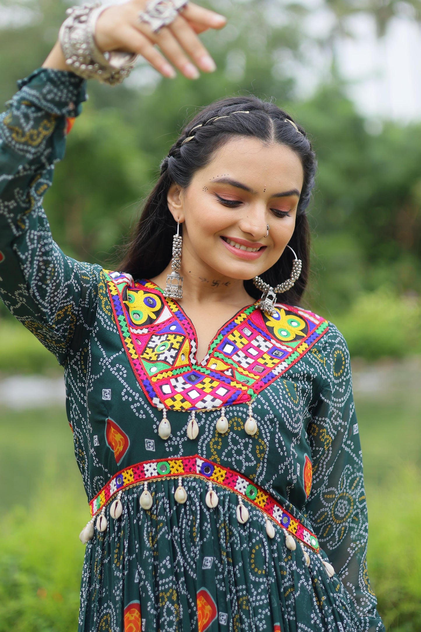 Lorenvalley Grey Faux Georgette Bandhani Print Work With Kutchi Patch Work Gown | Swadesiicart