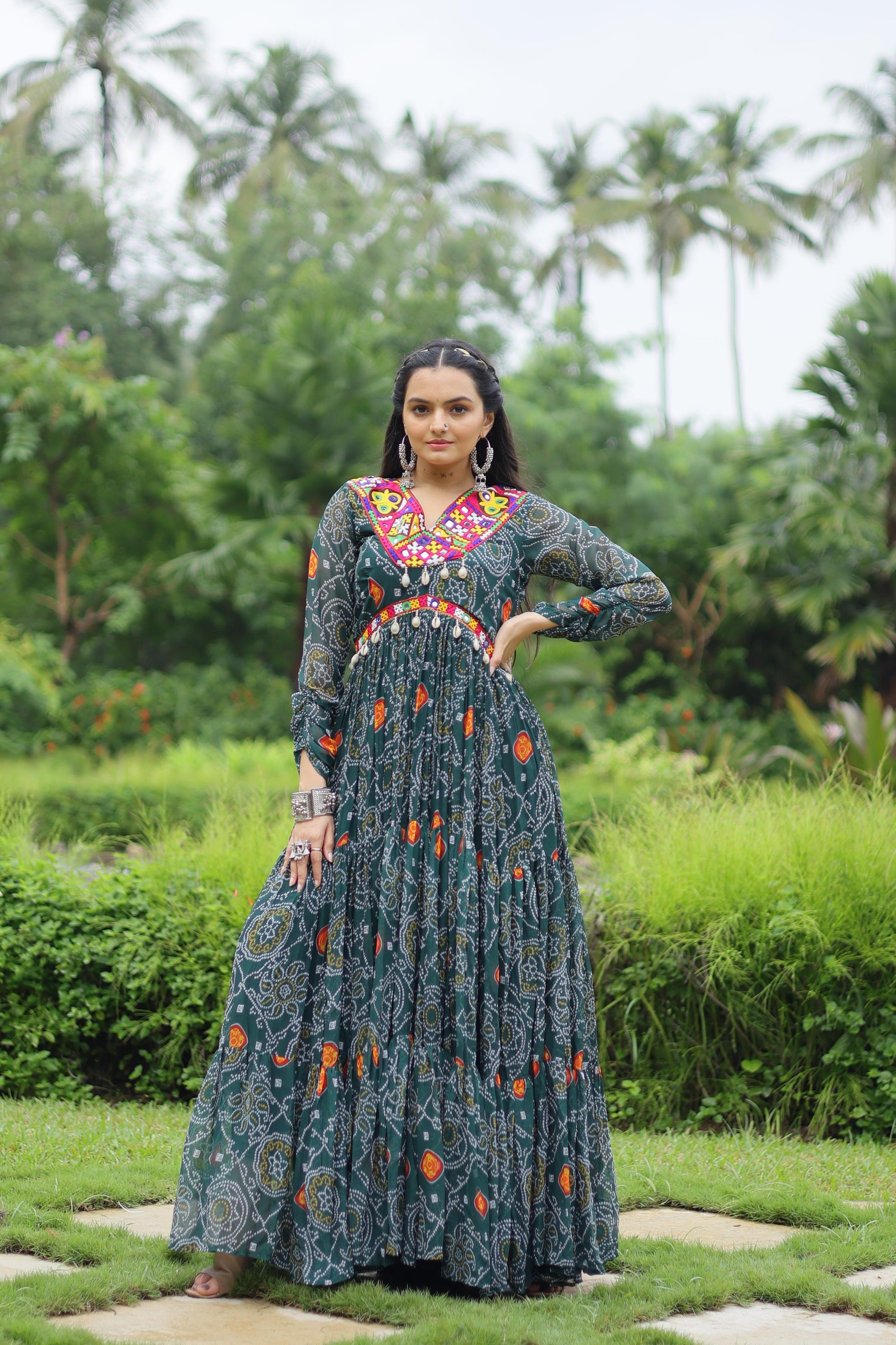 Lorenvalley Grey Faux Georgette Bandhani Print Work With Kutchi Patch Work Gown | Swadesiicart