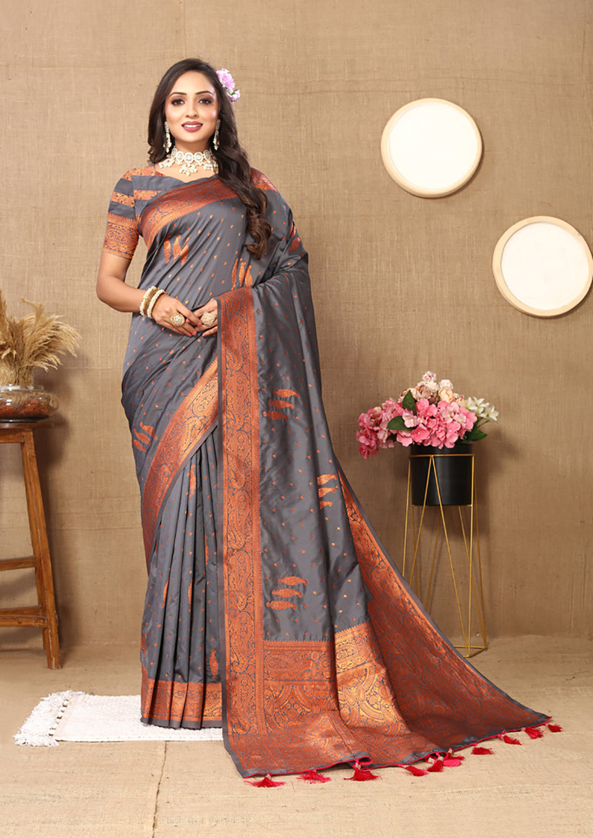 Lorenvalley Fashion Grey Soft Silk Copper Zari weaving Design Saree - Swadesiicart