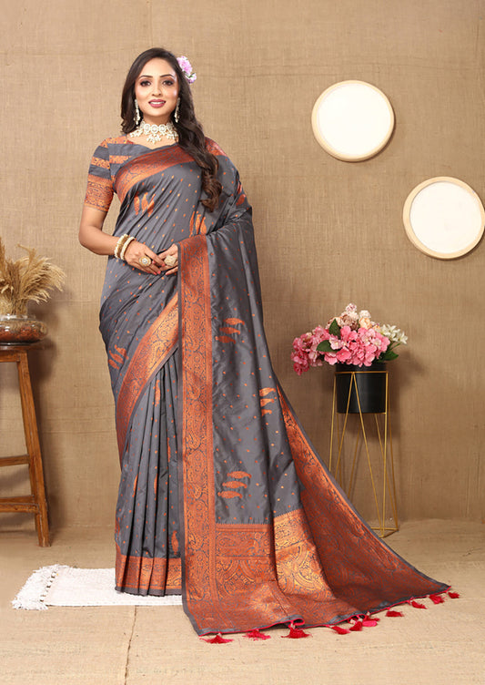 Lorenvalley Fashion Grey Soft Silk Copper Zari weaving Design Saree - Swadesiicart