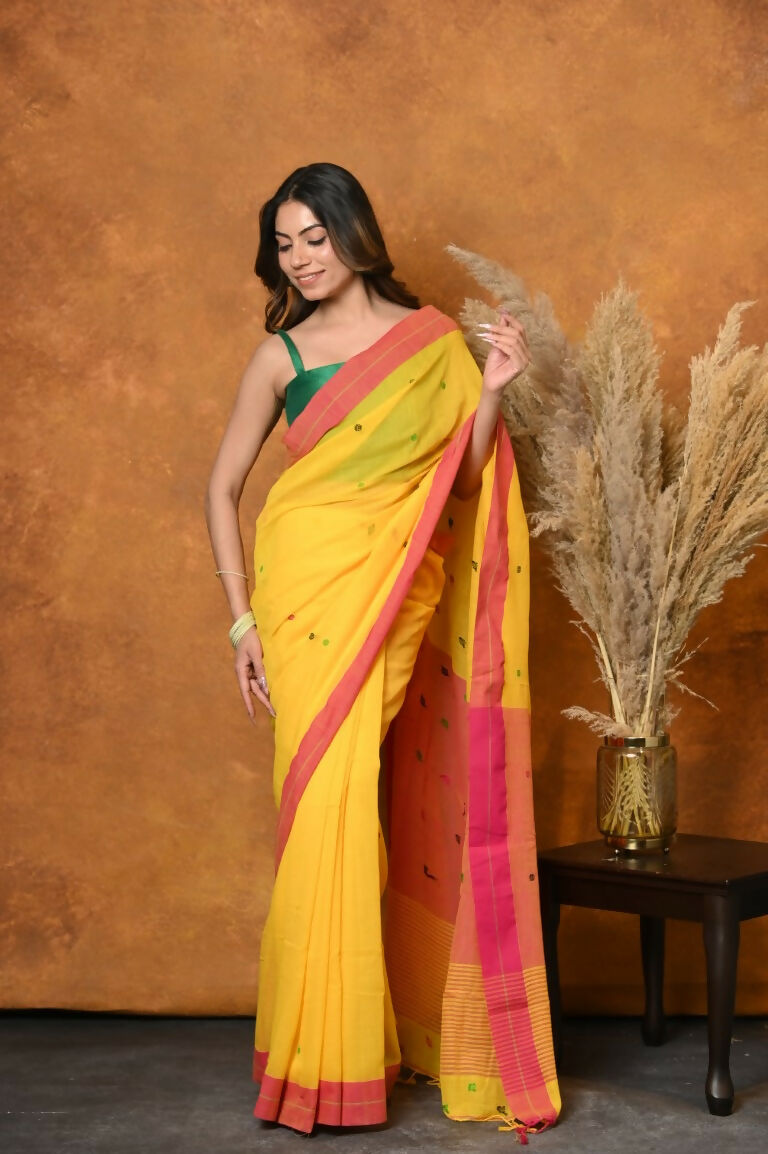 Very Much Indian Handloom Pure Cotton Saree With Sleek Border - Yellow | Swadesiicart
