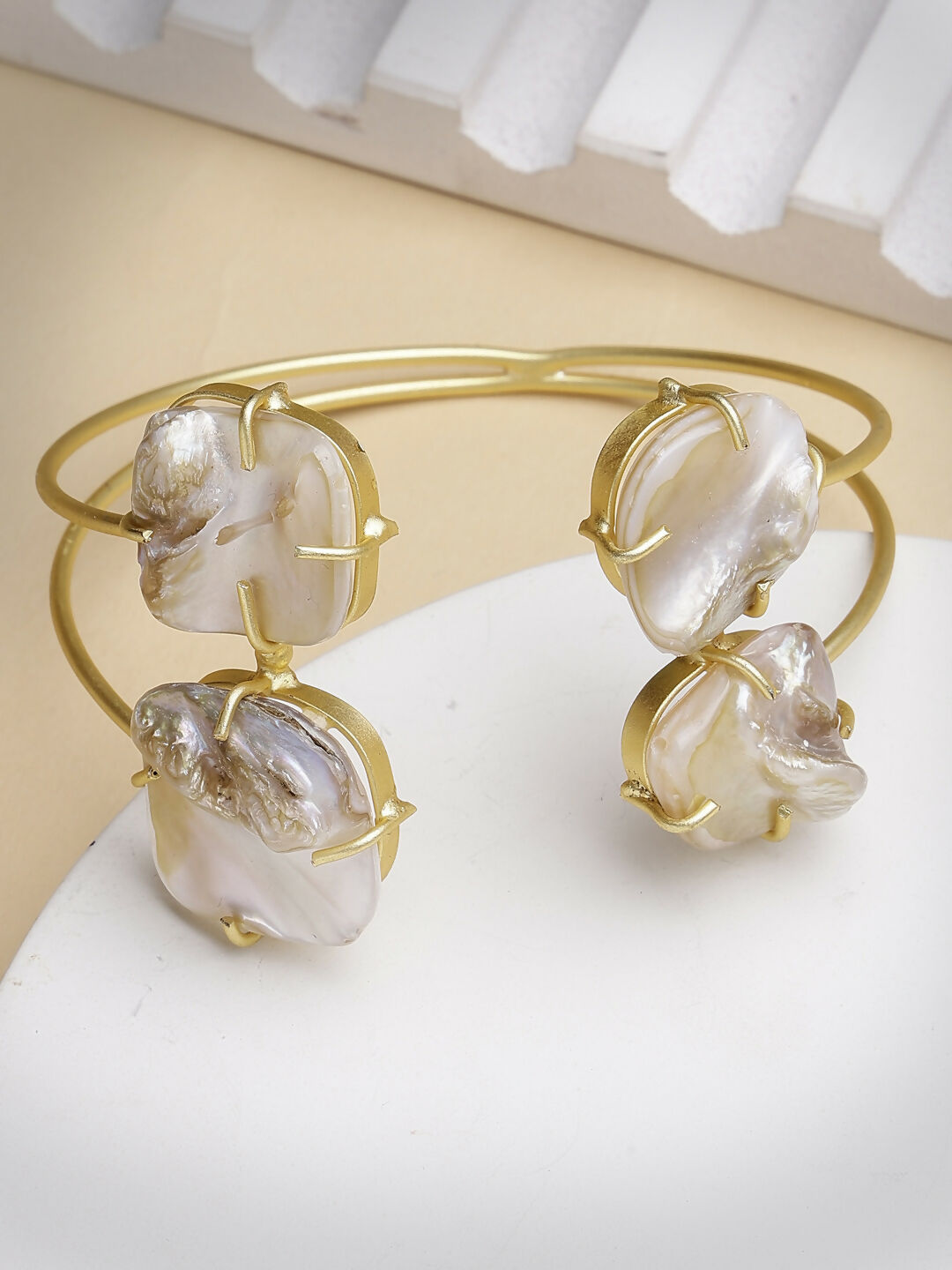 NVR Women's Gold-Polished Mother of Pearl Handcrafted Cuff Bracelet - Swadesiicart