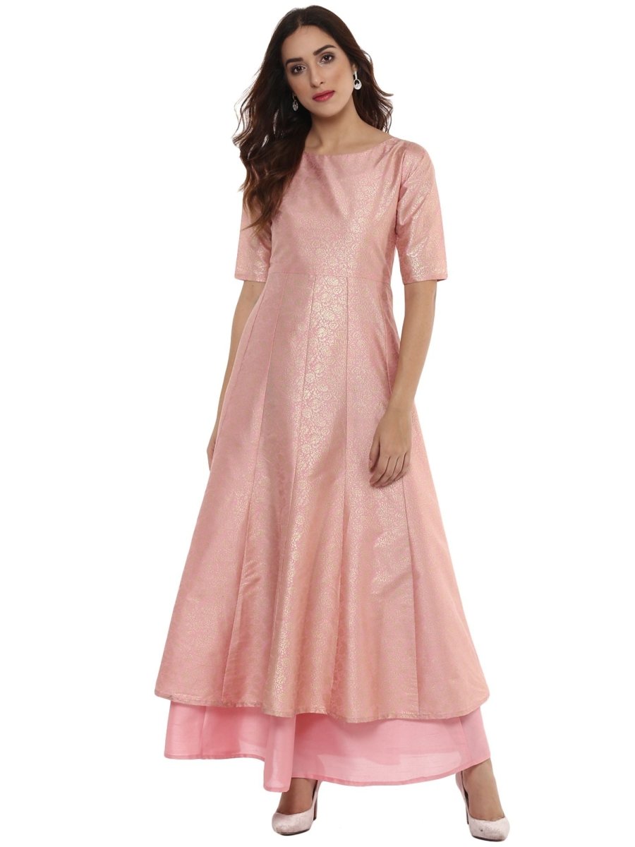 Ahalyaa Women's Pink Poly Silk Gold Foil Print Kurta | Swadesiicart