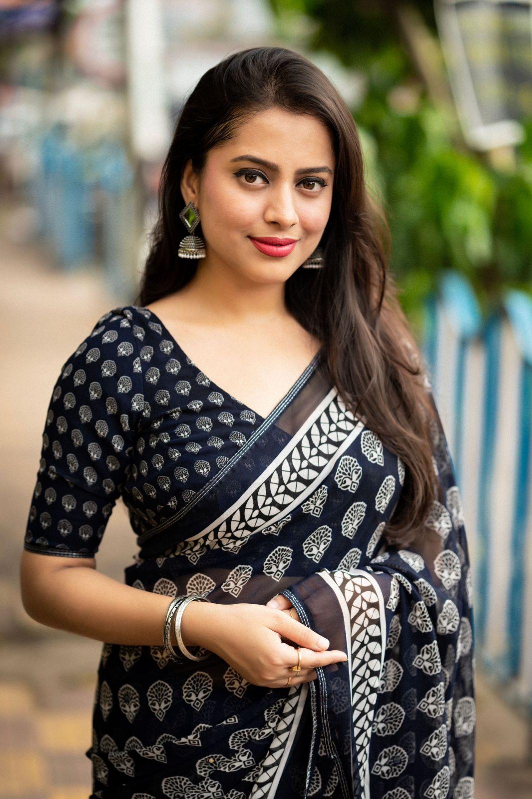 Navy Blue Poly Georgette Ajrak Saree with Unstitched Blouse - Hiral Fashion | Swadesiicart